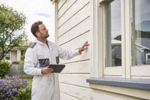 Editorial photograph of a painting professional checking weathered timber exterior cladding before exterior painting at an Upper Hutt home.