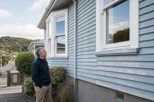 Faded and uneven exterior paint on a well-maintained Lower Hutt residential home.